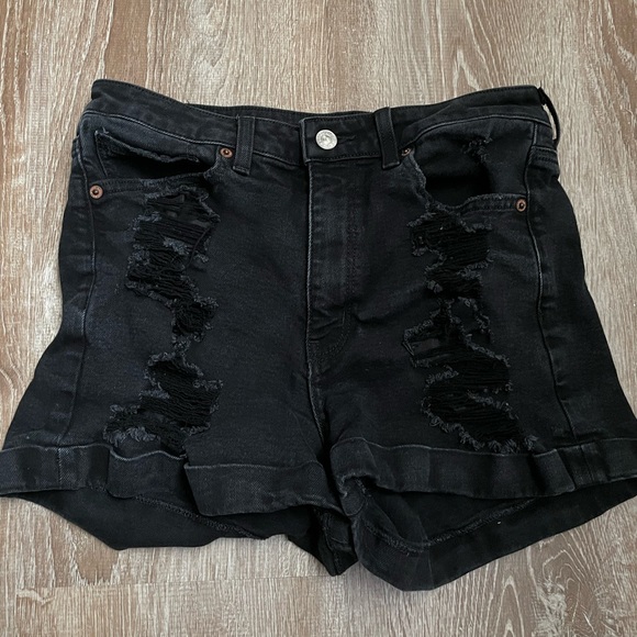 American Eagle AE High Rise Mom Jean Shorts Womens 8 Black Distressed Stretch - Picture 7 of 7
